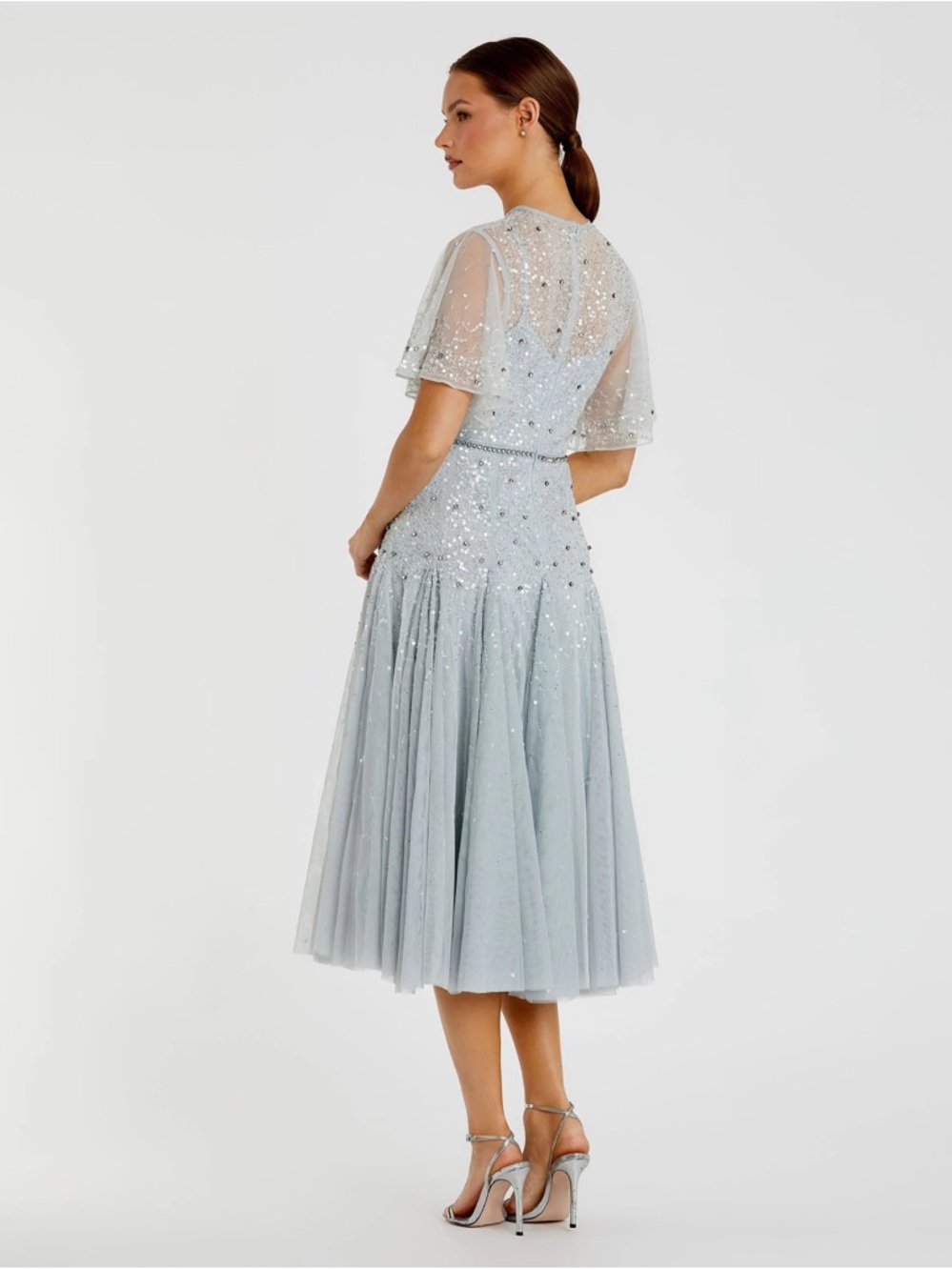NWT:Flutter cape Sleeve Beaded Tea Length Drop Waist Dress - a few loose threads - Picture 3 of 13